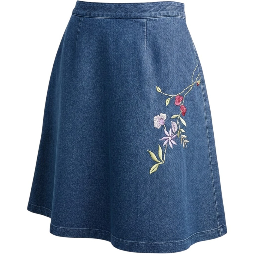 Vintage Unique Denim Skirt Floral Embroidered Quarter Zip & Loop 32' Waist #474C